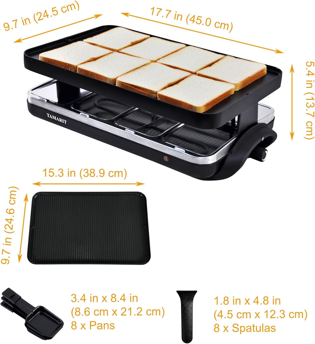 TAMARIT Classic 8 Person Raclette Grill 1500W Electric Tabletop Grill with Reversible Plate, 8 Non-Stick Raclette Trays & Spatulas Indoor Portable Korean BBQ Barbecue Grill, Party Grill Black