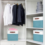 Collapsible Fabric Storage Cubes 11x11 Cube Storage Bins, 4 Pack Closet Baskets Box with Handles for Organizing, Shelf, Toys, Clothes, Home, Office, Nursery (Teal&White)