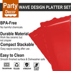 KAQAHIDO 17" x 8" x 1.5" Red Serving Tray Set, Wave Edge Melamine Platters for Cookie, Appetizer, Charcuterie, Snack, Dessert, Party Food Display, Stackable, Set of 2
