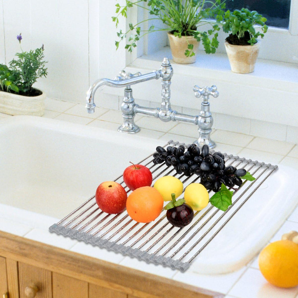 Roll Up Dish Drying Rack 20.5"(L) x 13.8"(W) - Stainless Steel and Silicone Dish Drying Mat Over The Sink Foldable Drain Rack Multipurpose Dish Drainer Extra Large, Gray