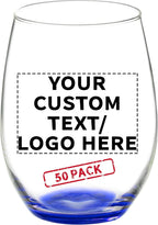 DISCOUNT PROMOS 50 ARC Stemless Wine Glasses Set, 21 oz. - Customizable Text, Logo - Chardonnay, Cabernet, Merlot, Sauvignon - Blue