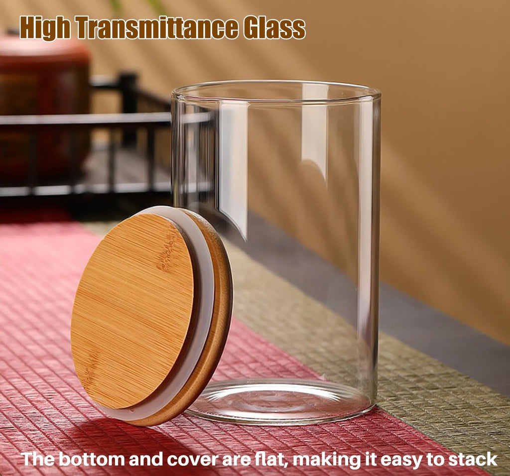 33 oz Glass Food Storage Jars with Airtight Lids, Clear Glass Jar with Bamboo Lid, Airtight Food Canister for Tea, Candy, Coffee, Sugar, Cookie, Snack. (Round | 5+6 Inch) SET of 3