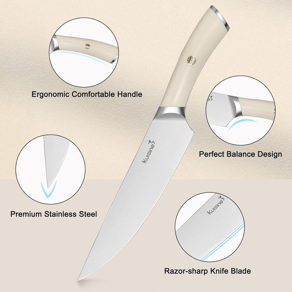 Kuisine Chef Knife Set,High Carbon Stainless Steel Block Knife Set,Knife Block Set with Built-in Sharpener,Sharp Knife Set Forged,Elegant Gift(Ivory,15pcs）
