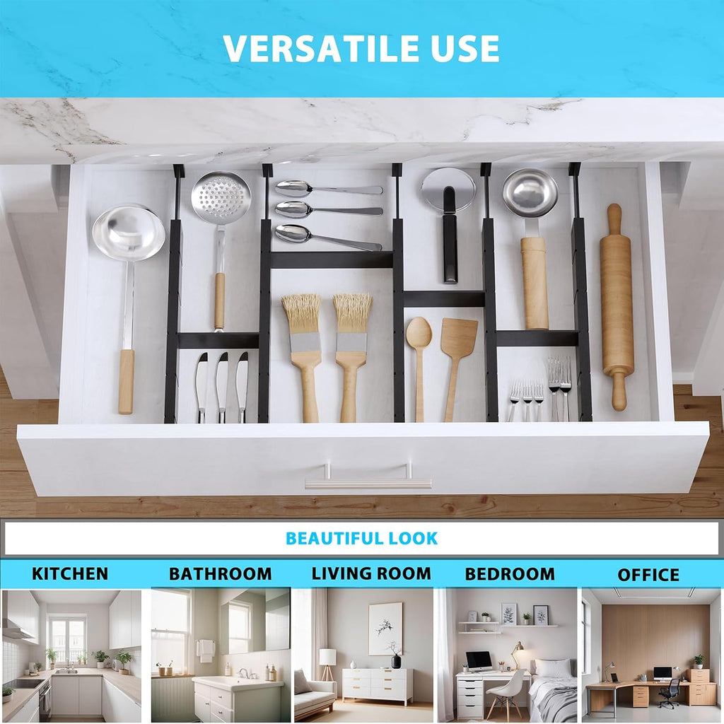 6 Pack Bamboo Drawer Dividers with 12 Inserts, Expandable Adjustable Clothes Drawer Organizers and Storage from 17" to 22" for Kitchen, Bedroom, Dresser, Cosmetics (Black)