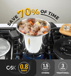 KOCH SYSTEME CS Pressure Cooker Stainless Steel, 6.3 QT Olla de Presion, Easy One-Press Lock, 3 PSI Settings Pressure Cooker, Save 70% Time, Gas & Induction Compatible, Glass Lid & Steamer Rack