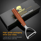 Premium high-end rosewood handle and 304 stainless steel serrated blade - ultra-sharp KULUNER Y-shaped rotary peeler for potatoes, fruits and vegetables, ergonomically designed for easy peeling
