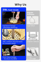 316L Stainless Steel Potato Masher Heavy Duty, Durable One-Piece Design Masher Kitchen Tool, Rustproof Potato Smasher for Mashing Potatoes, Beans, Avocados, Fruits & Vegetables, Dishwasher Safe