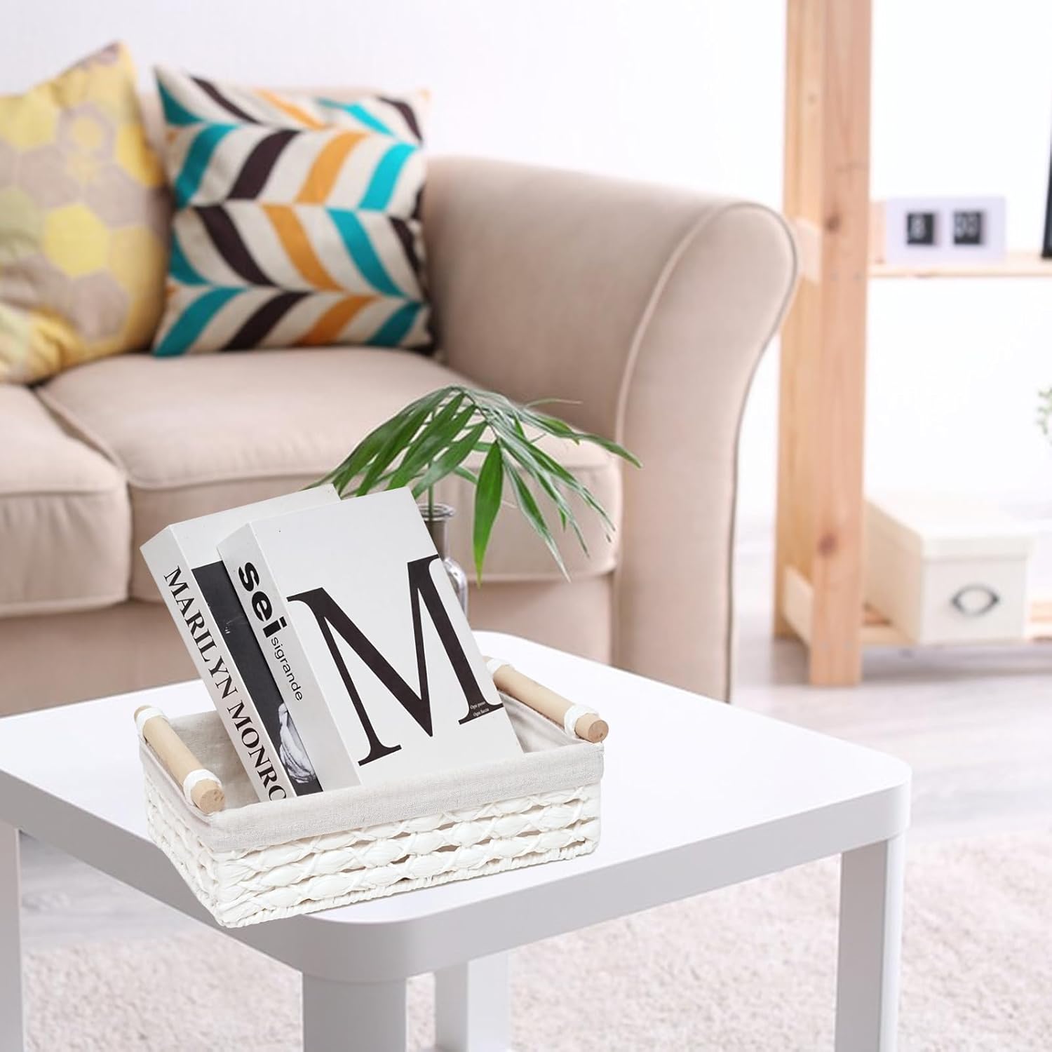 Storage Basket Wicker Baskets for Organizing with Handle Decorative Storage Bins for Countertop Toilet Paper Storage Basket for Toilet Tank Top Small Baskets Set (Set of 2,White)
