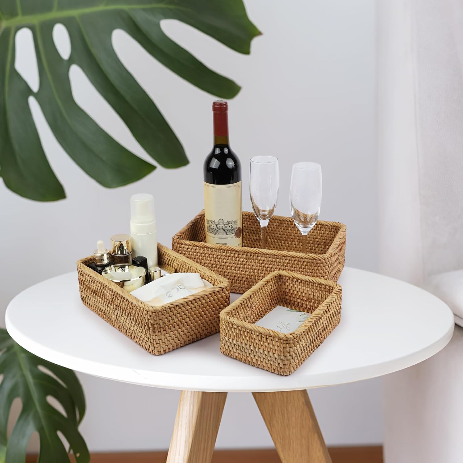 Natural Rattan Storage Baskets Set of 3 natural rattan Rectangular braided wicker box,fruit basket wicker basket, baskets for Organizing Container Bins for Shelves Cupboards Drawer