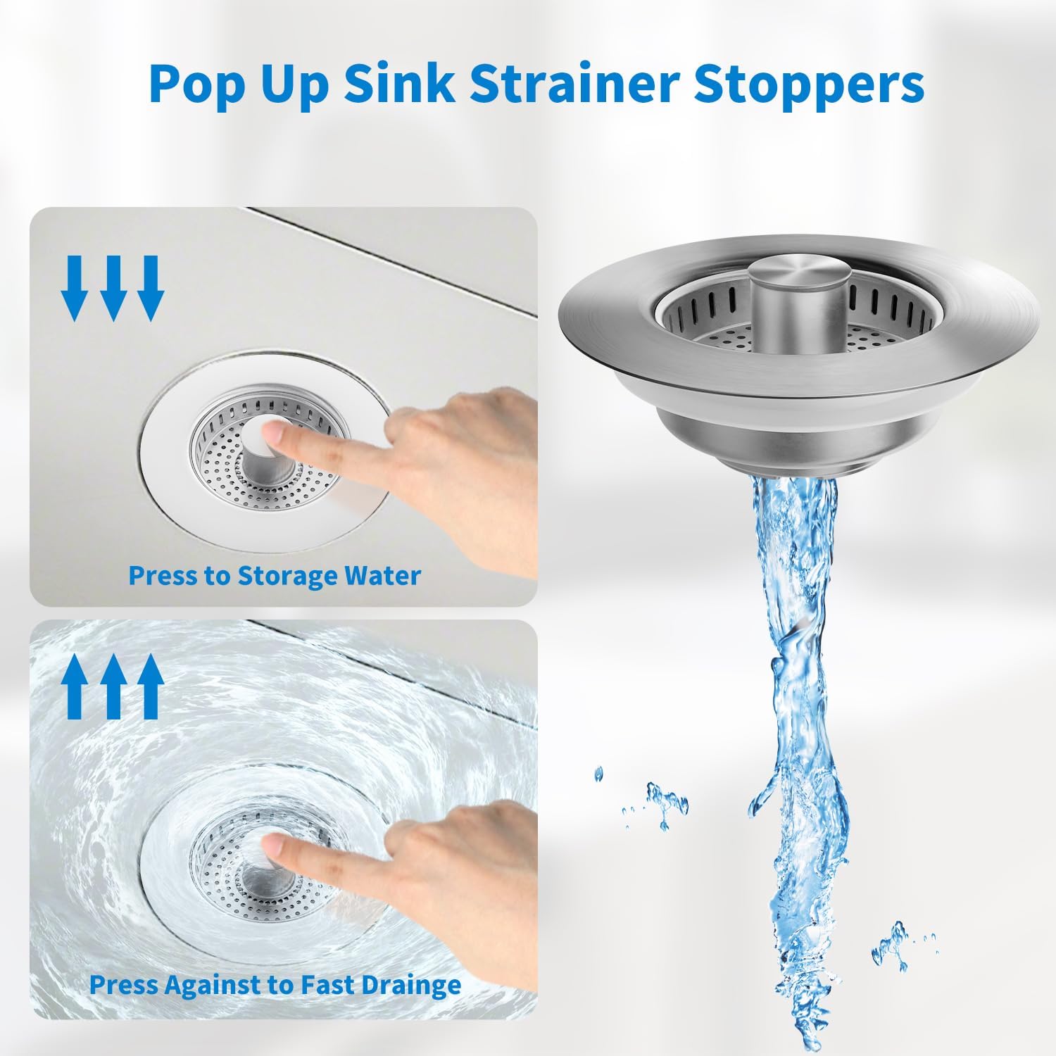 3 in 1 Kitchen Sink Drain Strainer, Upgraded Stainless Steel Sink Stopper Anti-Clogging Pop Up Sink Strainer with Basket Strainer for US Standard 3-1/2" Drain (Silver-2Pcs)