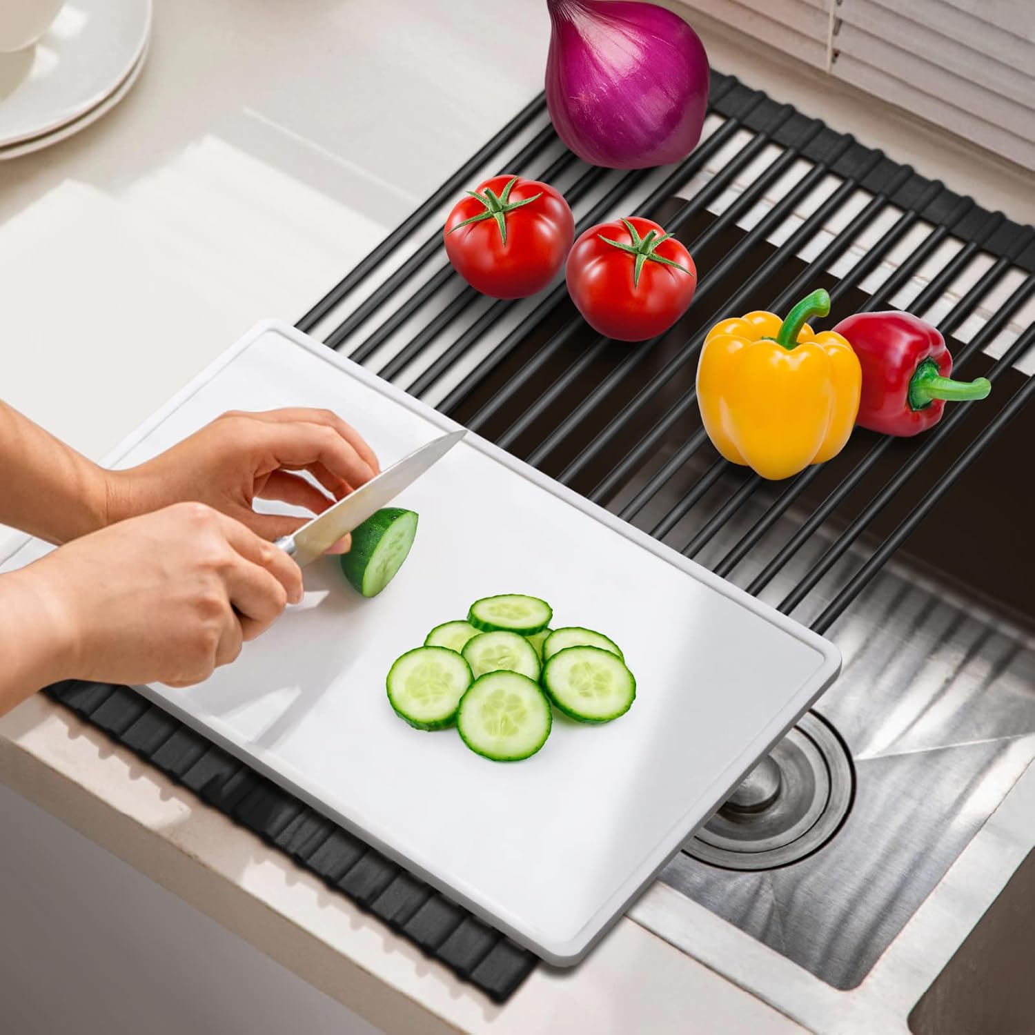 Roll Up Dish Drying Rack Over The Sink Kitchen Roll Up Sink Drying Rack Multipurpose Foldable Sink Drying Mat, Heat-Resistant, Anti-Slip & Anti-Rust Dish Rack for Kitchen, 17" x 13", Black