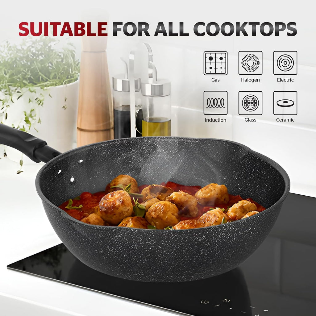 Sunhouse – 11 Inch / 28 cm Non-Stick Deep Frying Pan with Double Pour Spouts, 5-Layer Whitford Non-Stick Coating, PFOA-FREE, Stay-Cool Handle, Induction Compatible with All Cooktops