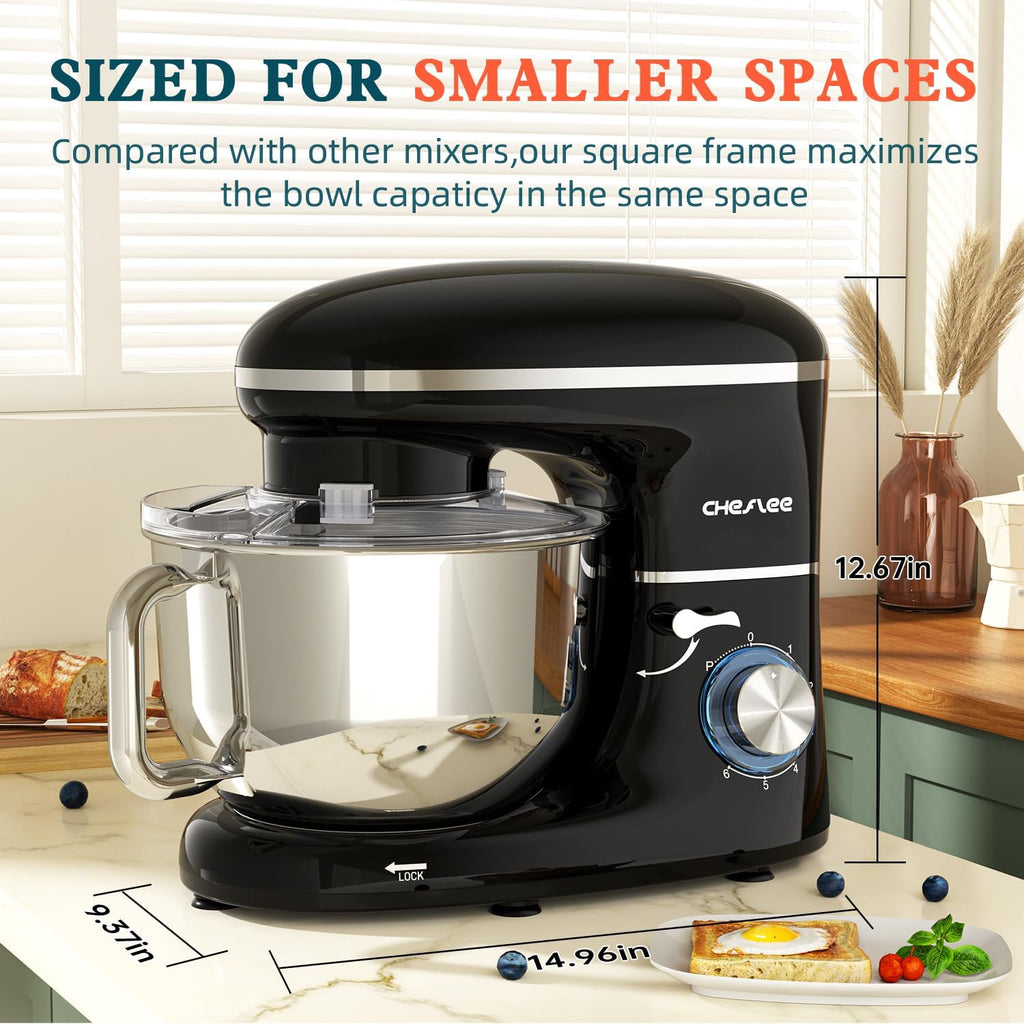 CHeflee Stand Mixer,660W 6+P With 6.5QT Stainless Steel Bowl,Dough Hook, Wire Whip & Beater,for Most Home Cooks,Black