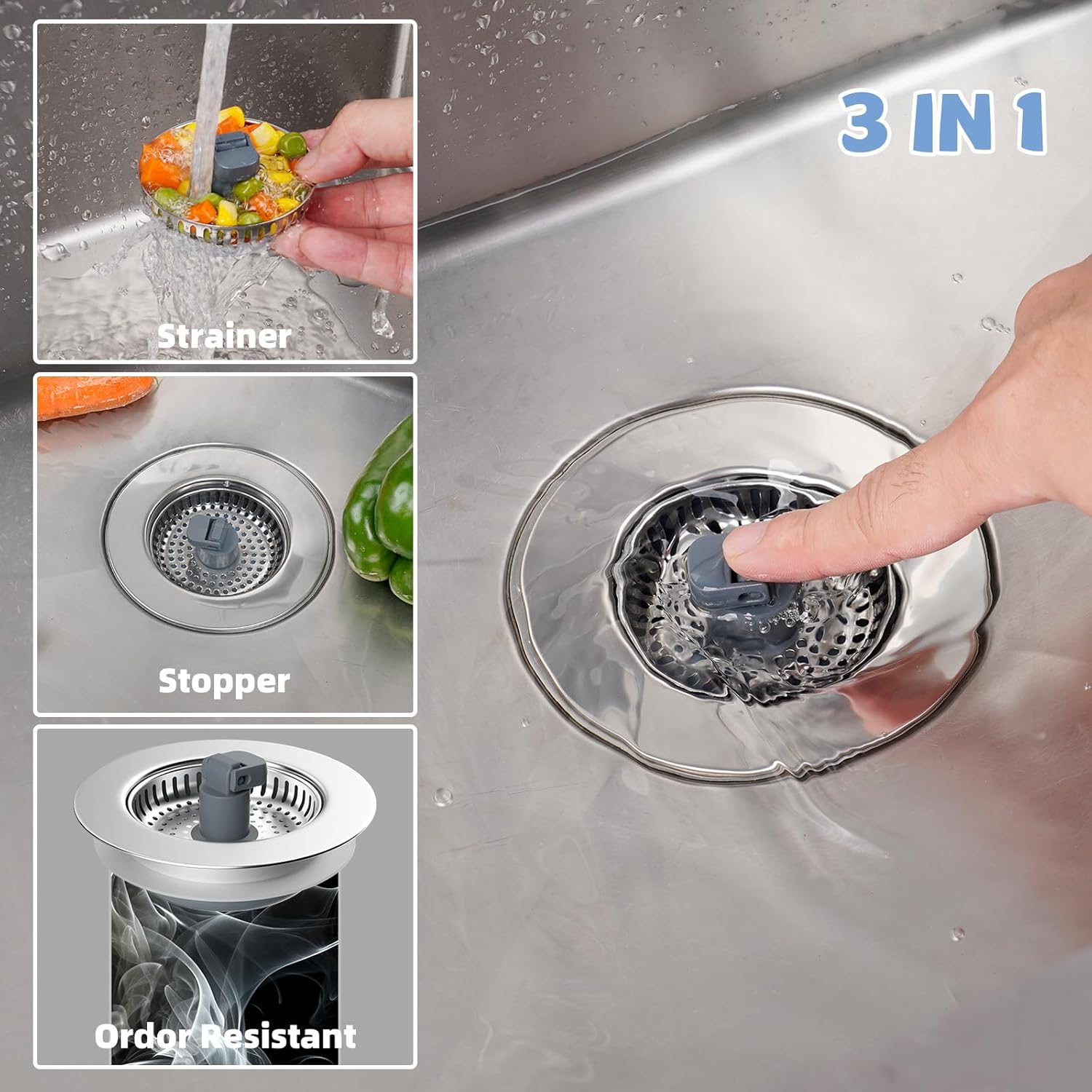 Hibbent Universal 3 in 1 Kitchen Sink Drain Strainer with Sink Stopper, Stainless Steel Wrapped Shell, SUS304 Anti-Clogging Basket Strainer, Fit for US Standard 3-1/2" Drain, Stainless Steel