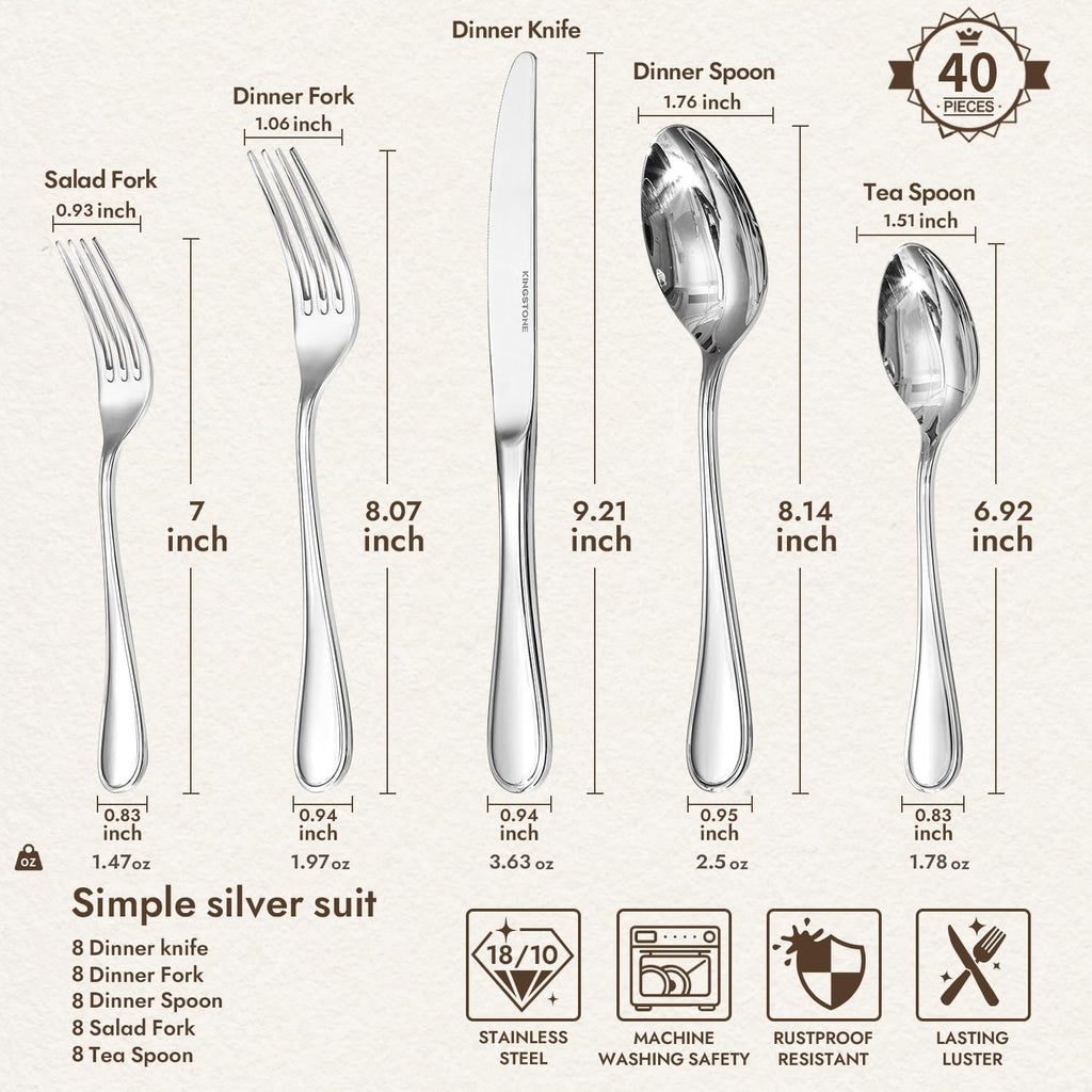 KINGSTONE 40 Piece Teardrop Silverware Set for 8, 18/10 Stainless Steel Flatware Set, Modern Design Cutlery Set for Home/Hotel/Wedding,Mirror Polished and Dishwasher Safe