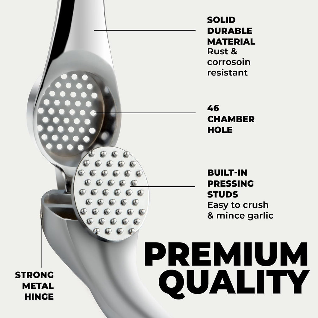 Zulay Kitchen Premium Garlic Press Set – Rust Proof & Dishwasher Safe Garlic Mincer Tool with Silicone Garlic Peeler & Brush, Easy Squeeze & Clean, Ergonomic Soft Grip Handle - Medium – Chrome