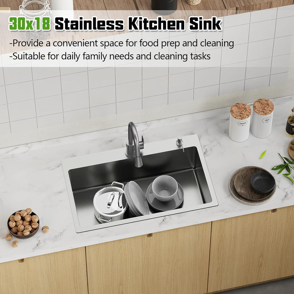 30x18 In Drop Inch Kitchen Sink-Stainless Steel Topmount Modern Single Bowl Kitchen Sink Come With Silicon Mat, Drain Strainer Set Offer Large Basin And Compatibility With Various Kitchen&Bar Style