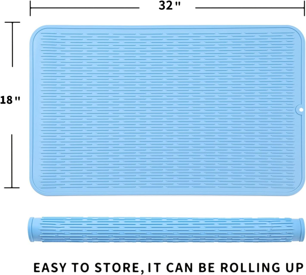 Silicone Dish Drying Mat for Multiple Usage,Easy clean,Eco-friendly,Heat-resistant Silicone Mat for Kitchen Counter or Sink,Refrigerator or Drawer Liner Light Blue 4XL 32 inches x 18 inches