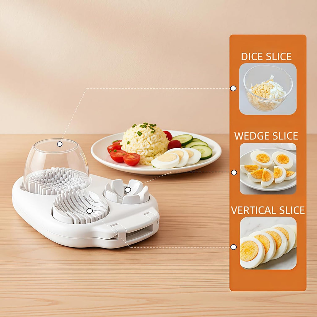 3 in 1 Egg Slicer Dicer & Cuber for Hard Boiled Eggs - Heavy Duty Stainless Steel, 3 Slice Modes Kitchen Gadget for Strawberry, Grape, Cherry Tomato - Easy to Clean, Dishwasher Safe (White)