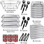 Disposable Chafing Dish Buffet Set, 33 Piece of Chafing Servers with Food Warmers, Covers, Half-Size Food Pans, Water Trays, Serving Utensils, Foil Lids and 4Hr Fuel Cans for Parties, Catering
