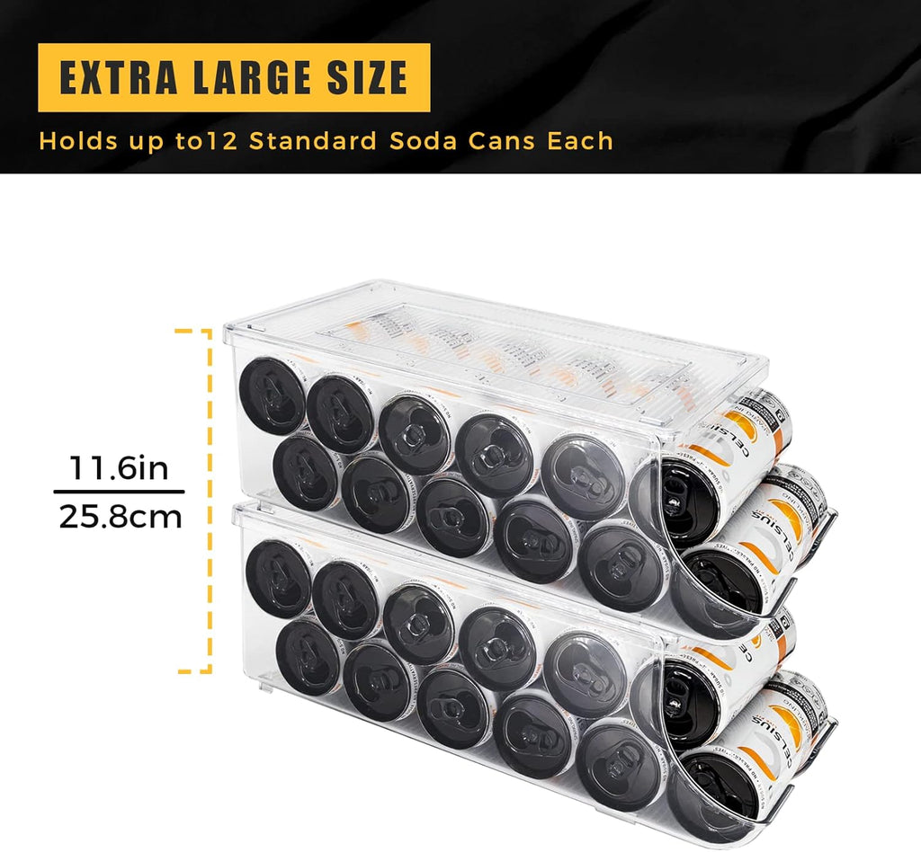 4 Pack Skinny Can Organizer for Refrigerator, Stackable Tall Skinny Soda Pop Can Holder Dispenser with Lid for Fridge Pantry Rack Freezer, Clear Plastic Storage Bins-Holds 12 Slim Cans Each