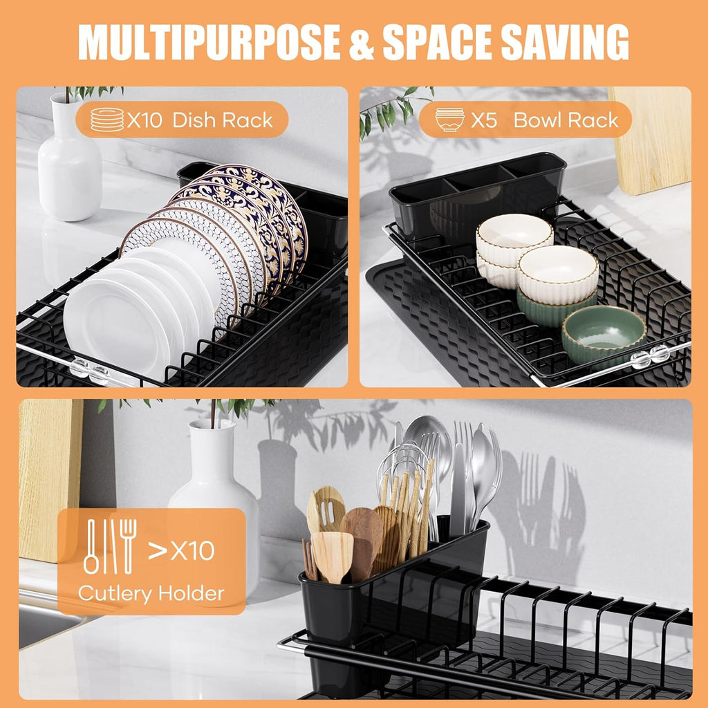 Stainless Steel Expandable Dish Drying Rack with Silicone Drying Mat and Removable Cutlery Holder for 14''-19'' Kitchen Sink
