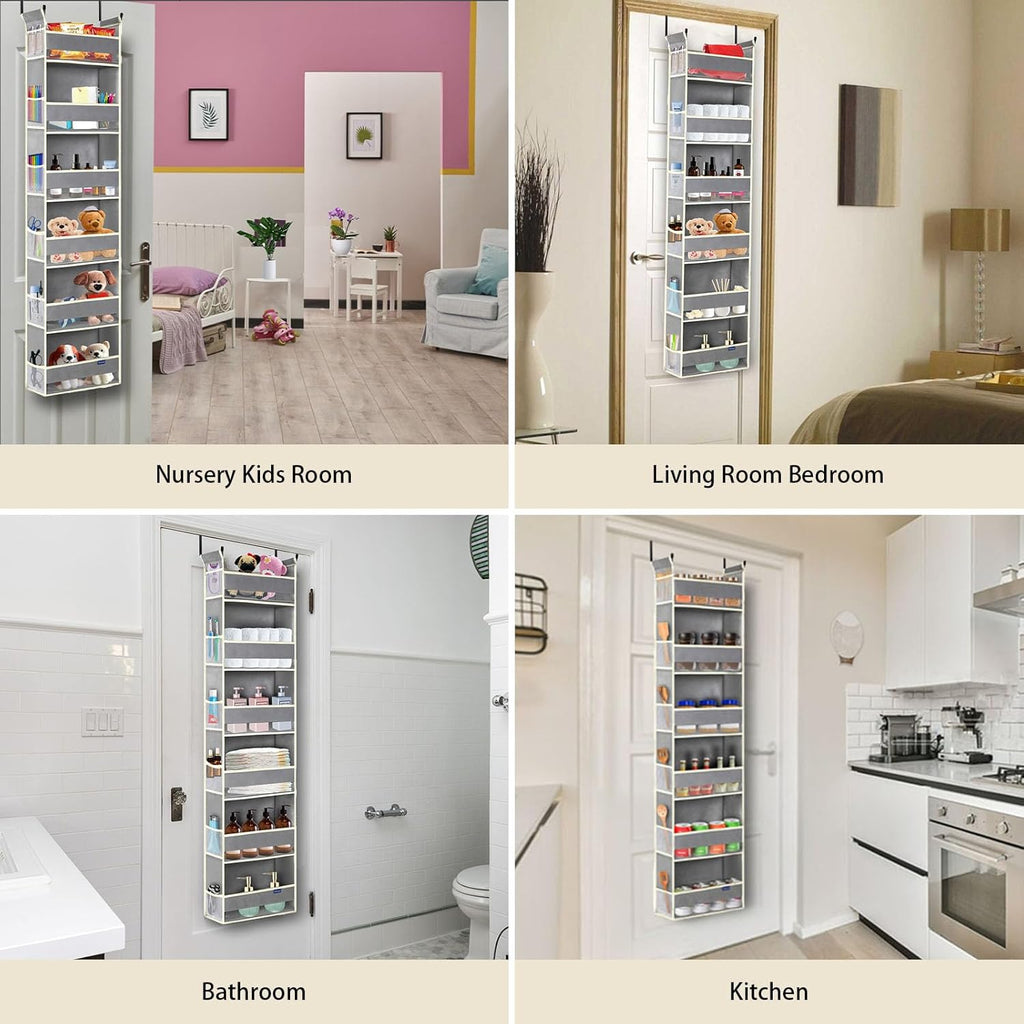 Over The Door Organizer 6-Shelves and 12 Side Pockets, Over The Door Storage for Bathroom Bedroom Nursery, Hanging Door Organizers for Baby Diapers and Kids Toys (13"x5"x54", Grey)