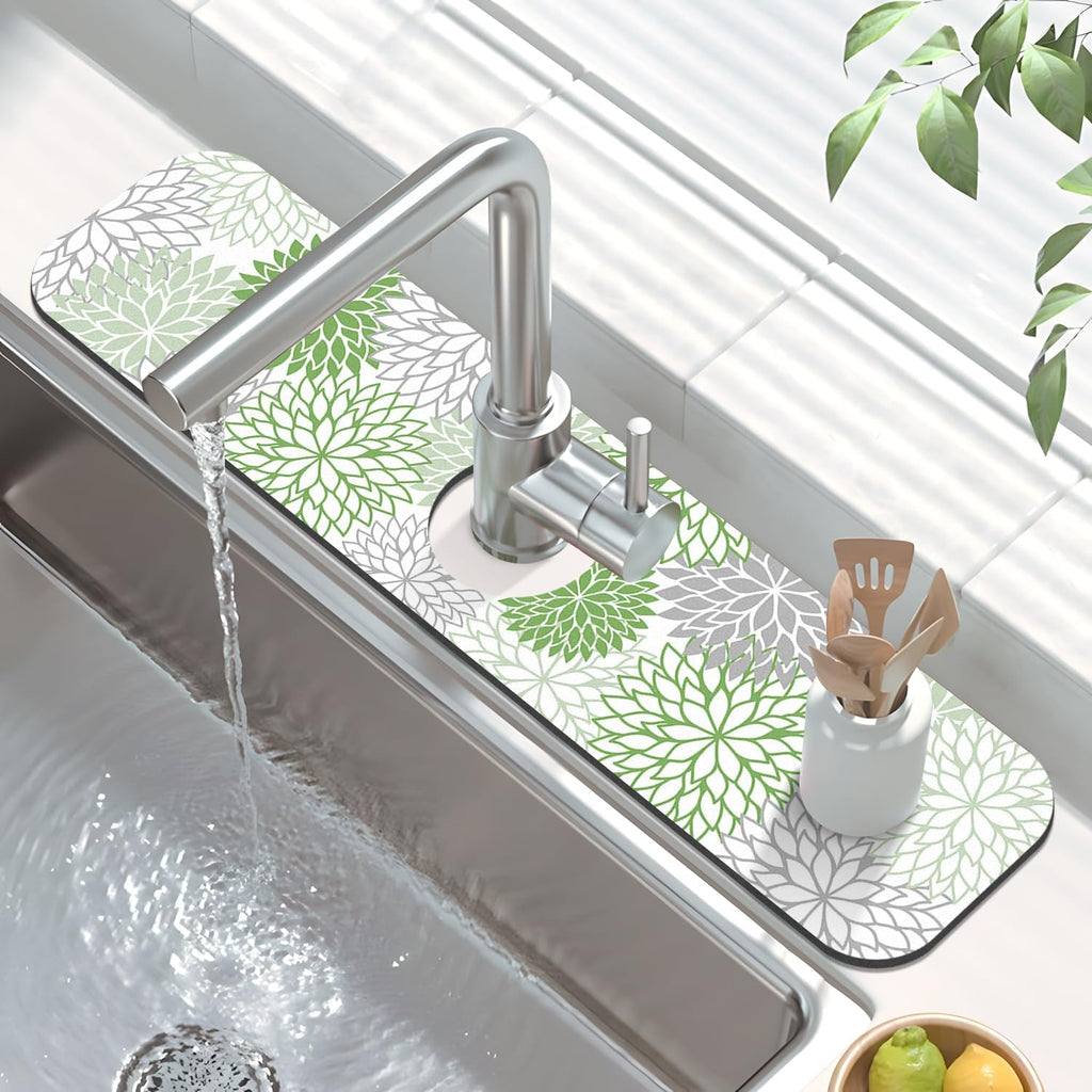 Findosom 2PCS 16" x 24" Dish Drying Mat & 24" x 5.5" Sink Splash Guard, Super Absorbent & Cuttable Dish Mat Drying Kitchen Mat with Green Floral, Hide Stain Drying Mat for Kitchen Counter