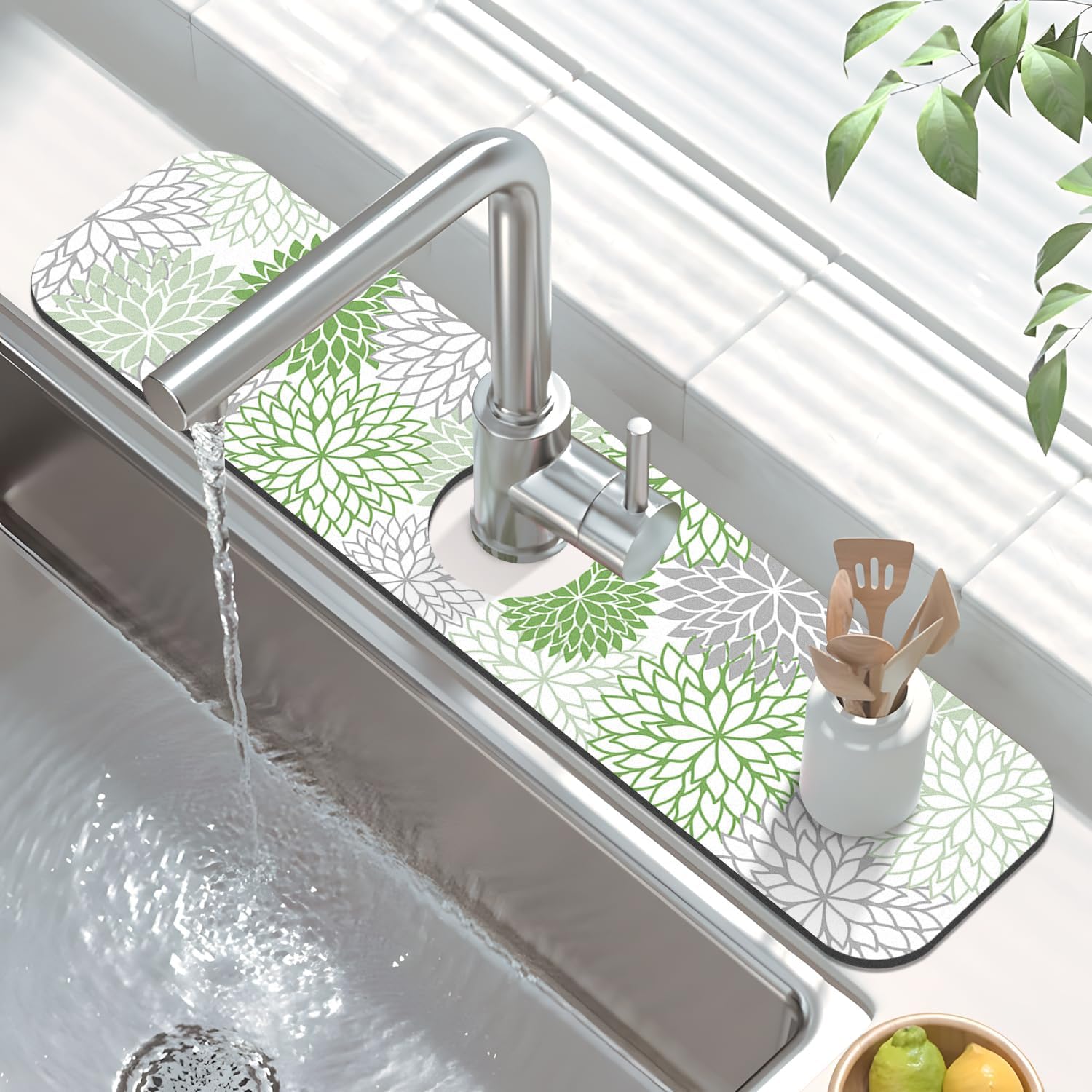 Findosom 2PCS 16" x 24" Dish Drying Mat & 24" x 5.5" Sink Splash Guard, Super Absorbent & Cuttable Dish Mat Drying Kitchen Mat with Green Floral, Hide Stain Drying Mat for Kitchen Counter