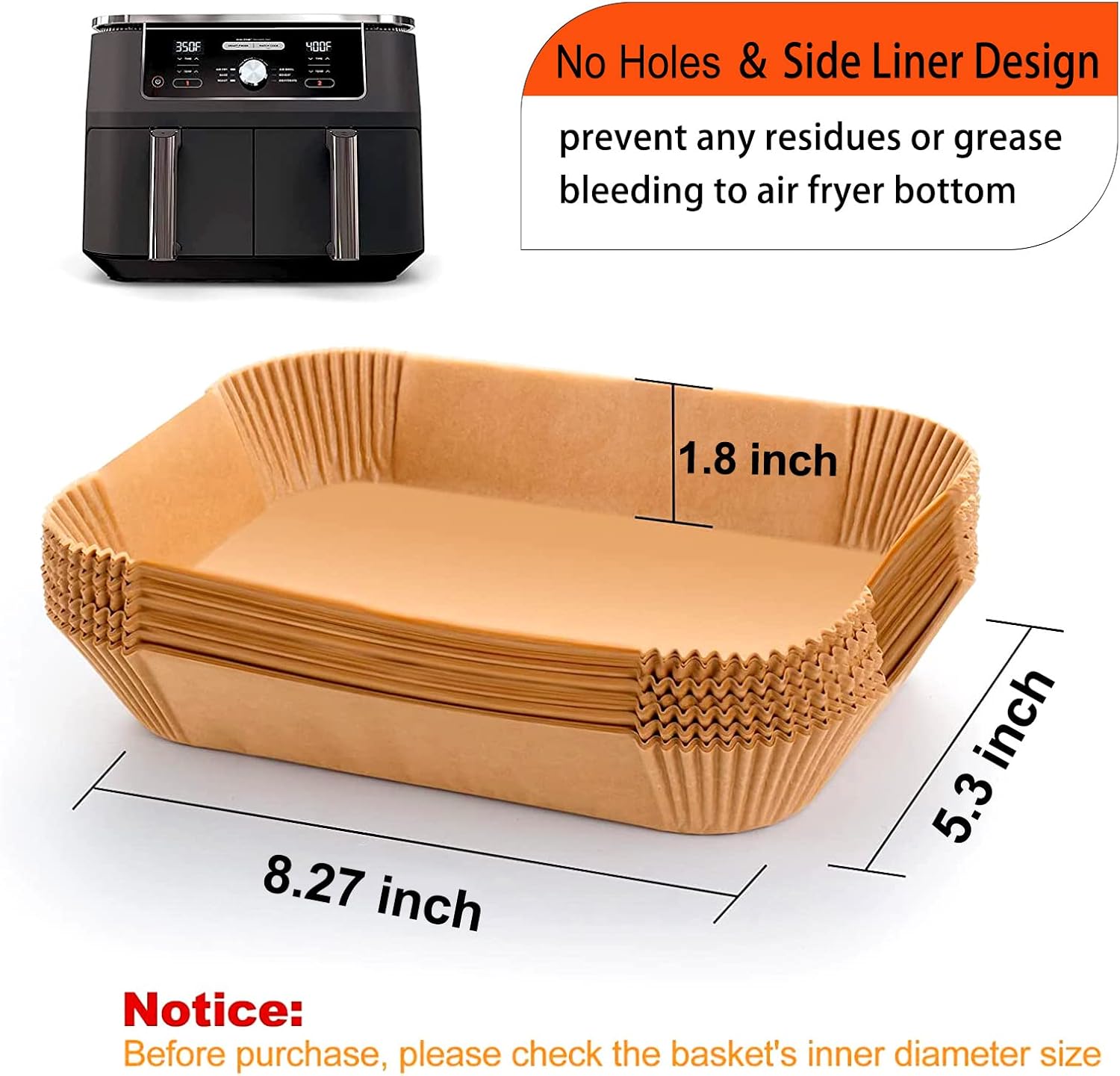 Air Fryer Liner Rectangular for Ninja Foodi Dual Basket 8QT 10QT, Bella Air Fryer Accessories, Air Fryer Liners 4 qt Rectangle, 125Pcs Parchment Paper liners for DZ201,DZ401, FG551