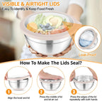 TeamFar Mixing Bowls, 5PCS Stainless Steel Serving Salad Bowls with Lids, For Kitchen Mixing/Baking/Storing/Prepping, Visible & Airtight, Non-Slip Bottom - 4.6/3.5/1.5/1 / 0.7 QT, Khaki
