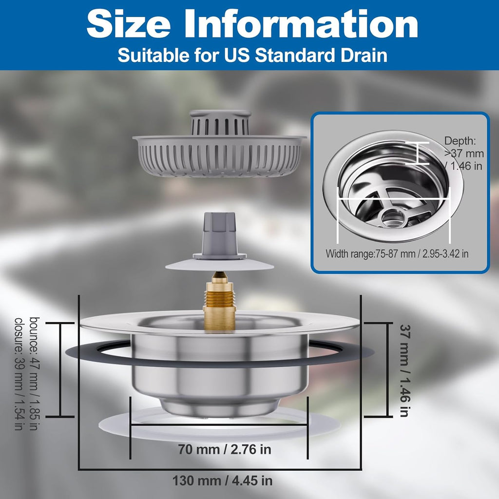 3 in 1 Universal Kitchen Sink Drain Strainer Stopper–304 Stainless Steel & Silicone Anti-Clog Basket,3-Layer Leak-Proof Ring for 3.5”US Standard Drains,Easy-Clean,Odor Isolation,No Installation