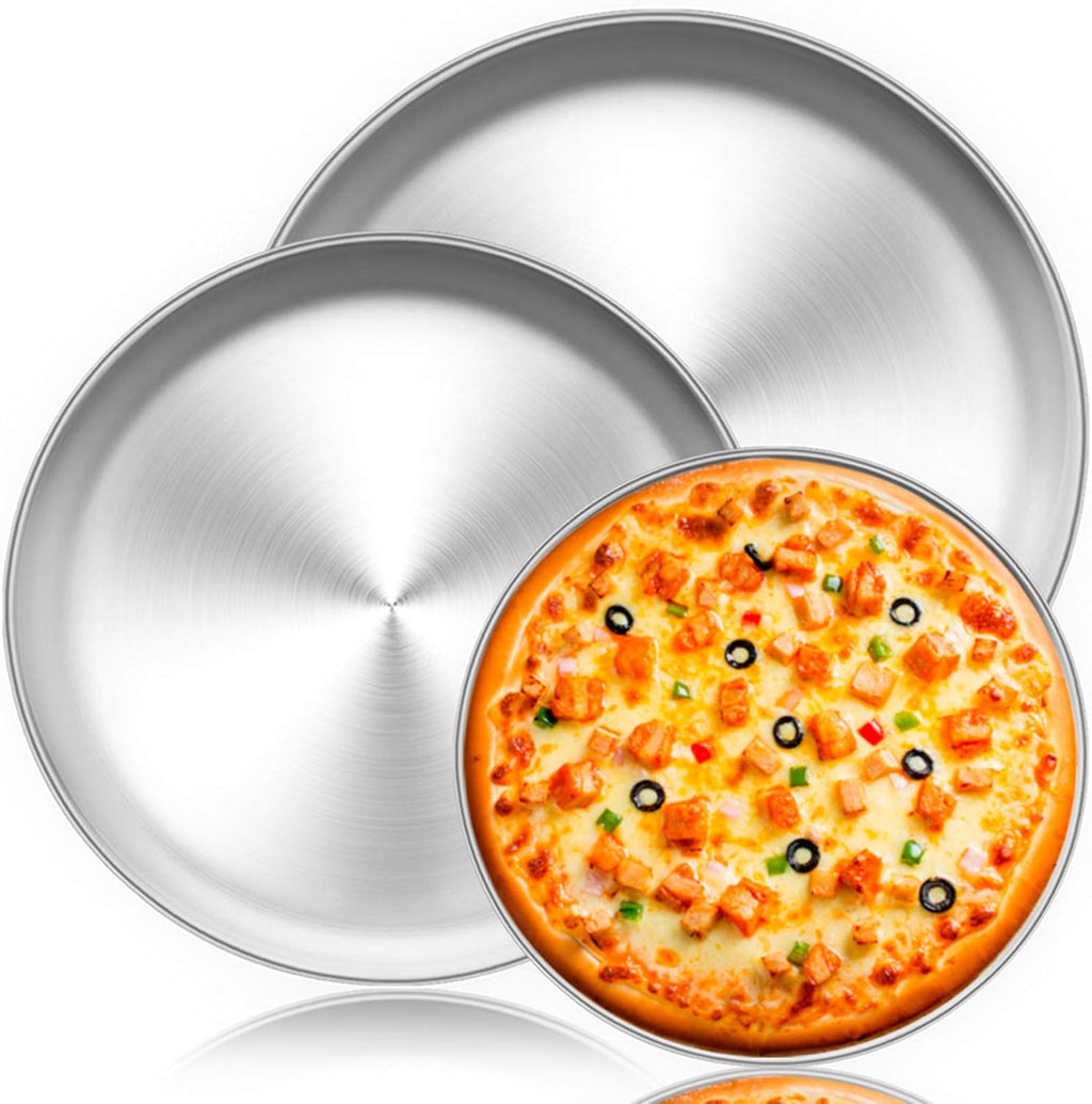 TeamFar Pizza Pan, 10” & 12” & 13.4”, 3 Pcs Pizza Pan Set Stainless Steel Pizza Pan Round Pizza Oven Pans Tray for Baking Serving, Healthy & Rust Free, Heavy Duty & Dishwasher Safe