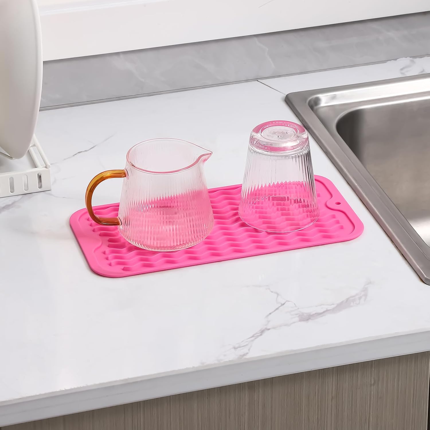 Silicone Dish Drying Mat for Multiple Usage,Easy clean,Eco-friendly,Heat-resistant Silicone Mat for Kitchen Counter or Sink,Refrigerator or Drawer Liner Rose S 12 inches x 6 inches
