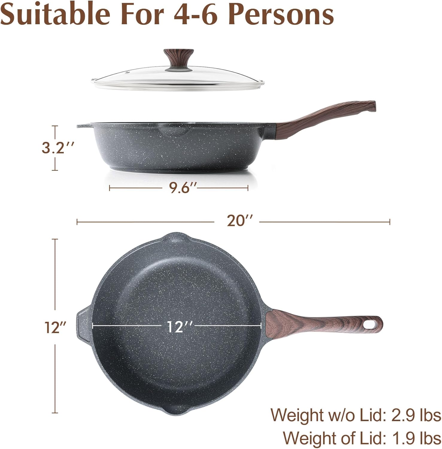 SENSARTE Nonstick Deep Frying Pan Skillet, 12-inch Saute Pan with Lid, Stay-cool Handle, Chef Pan Healthy Stone Cookware Cooking Pan, Induction Compatible, PFOA Free