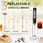 YUSWKO Black Handheld Milk Frother Wand with Stand for Coffee, Rechargeable Electric Whisk with 3 Heads 3 Speeds Drink Mixer Coffee Frother For Latte, Cappuccino, Hot Chocolate, Egg