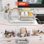Dish Drying Rack - 304 Stainless Steel Dish Rack with Utensil Holder & Adjustable Spout, Space-Saving Organizer, Large Capacity for Bowls, Dish Drainer with Drainboard, White