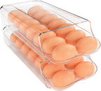 theaoo Egg Holder for Fridge, Automatic Rolling Egg Container for Refrigerator, Clear Plastic Egg Dispenser, Stackable Eggs Organizer with Quick Removable inner Tray For Organizers and Storage, 2Pack