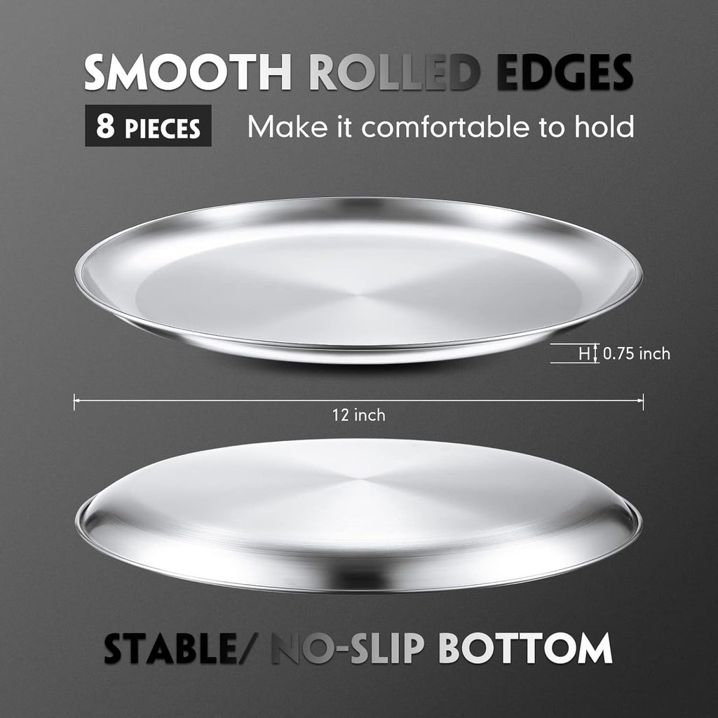 Thenshop 8 Pieces 12 Inch Pizza Pans Bulk Stainless Steel Sets Round Bakeware Pizza Trays for Oven Kitchen Baking Home Restaurant Picnics Holiday Activities Safe Sturdy Reusable Easy Clean(Silver)