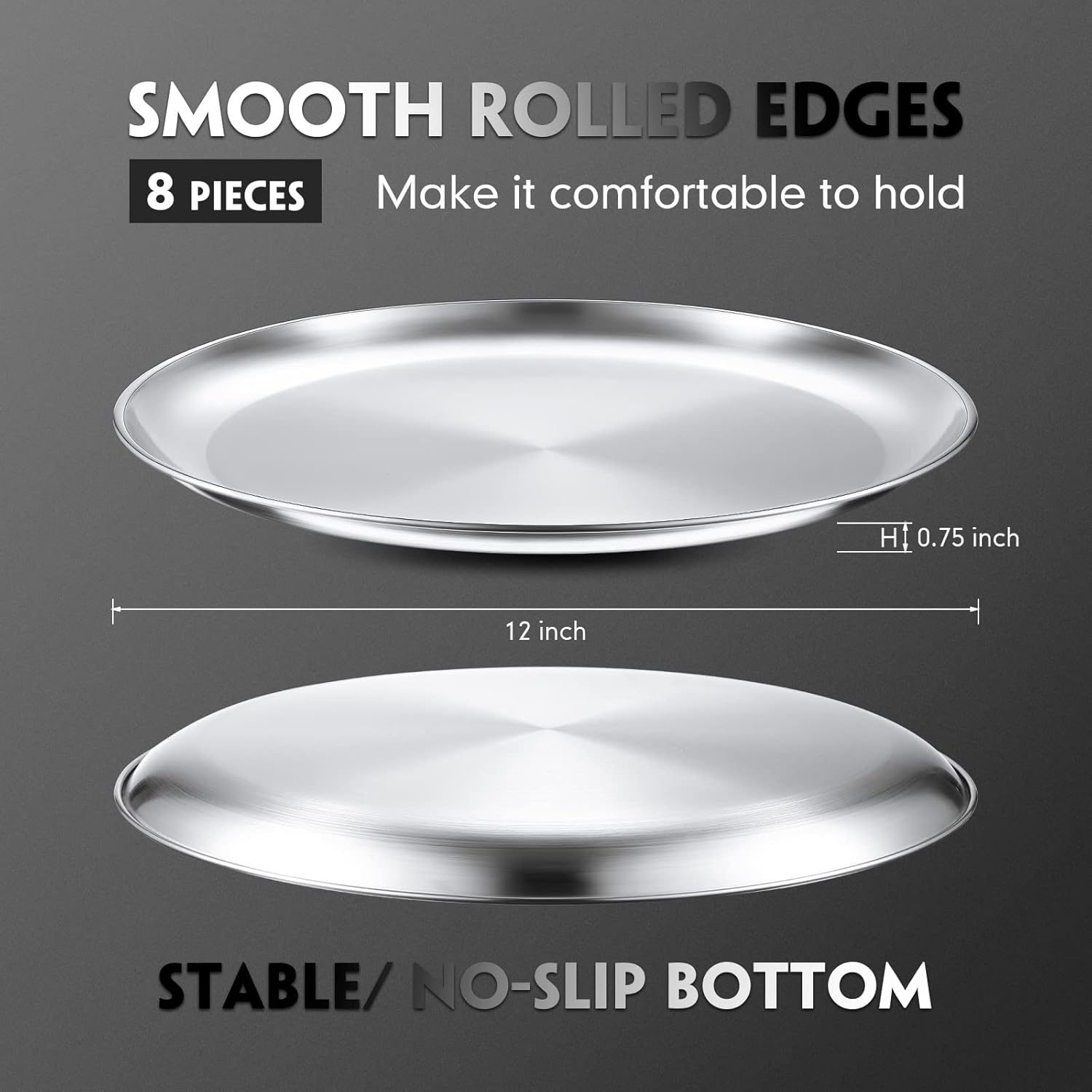 Thenshop 8 Pieces 12 Inch Pizza Pans Bulk Stainless Steel Sets Round Bakeware Pizza Trays for Oven Kitchen Baking Home Restaurant Picnics Holiday Activities Safe Sturdy Reusable Easy Clean(Silver)