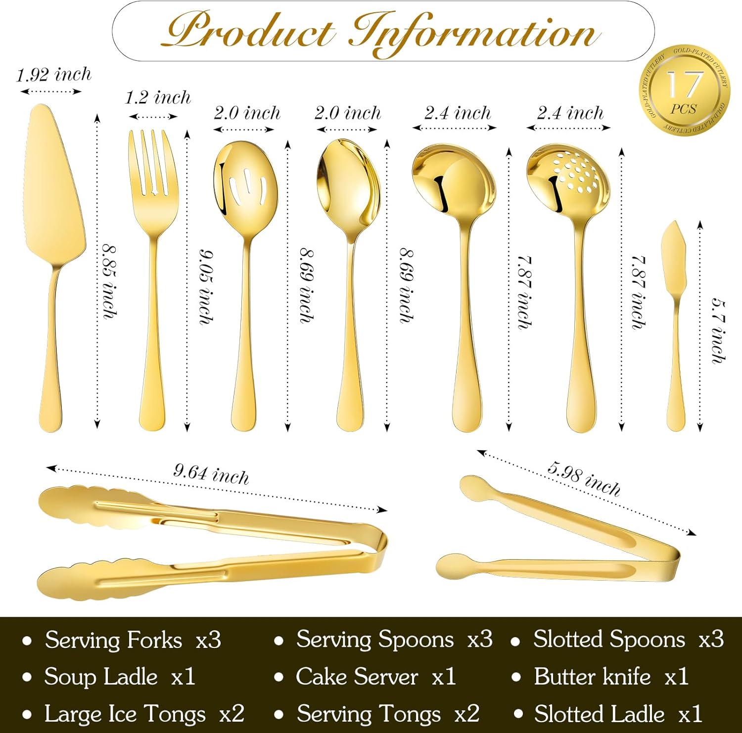 Gold 17 Pieces Serving Utensils Include Large Serving Spoons,Slotted Serving Spoons,Serving Forks,Serving Tongs,Appetizers Tongs,Soup Ladle and Pie Cake Server for Buffet Catering (Gold, 17 Pcs)
