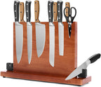 Magnetic Knife Block with Built-in Sharpener, Double-Sided 360° Magnetic Holder & Knife Sharpening Stone, Rubber Wood Countertop Storage Organizer, No Knives Included