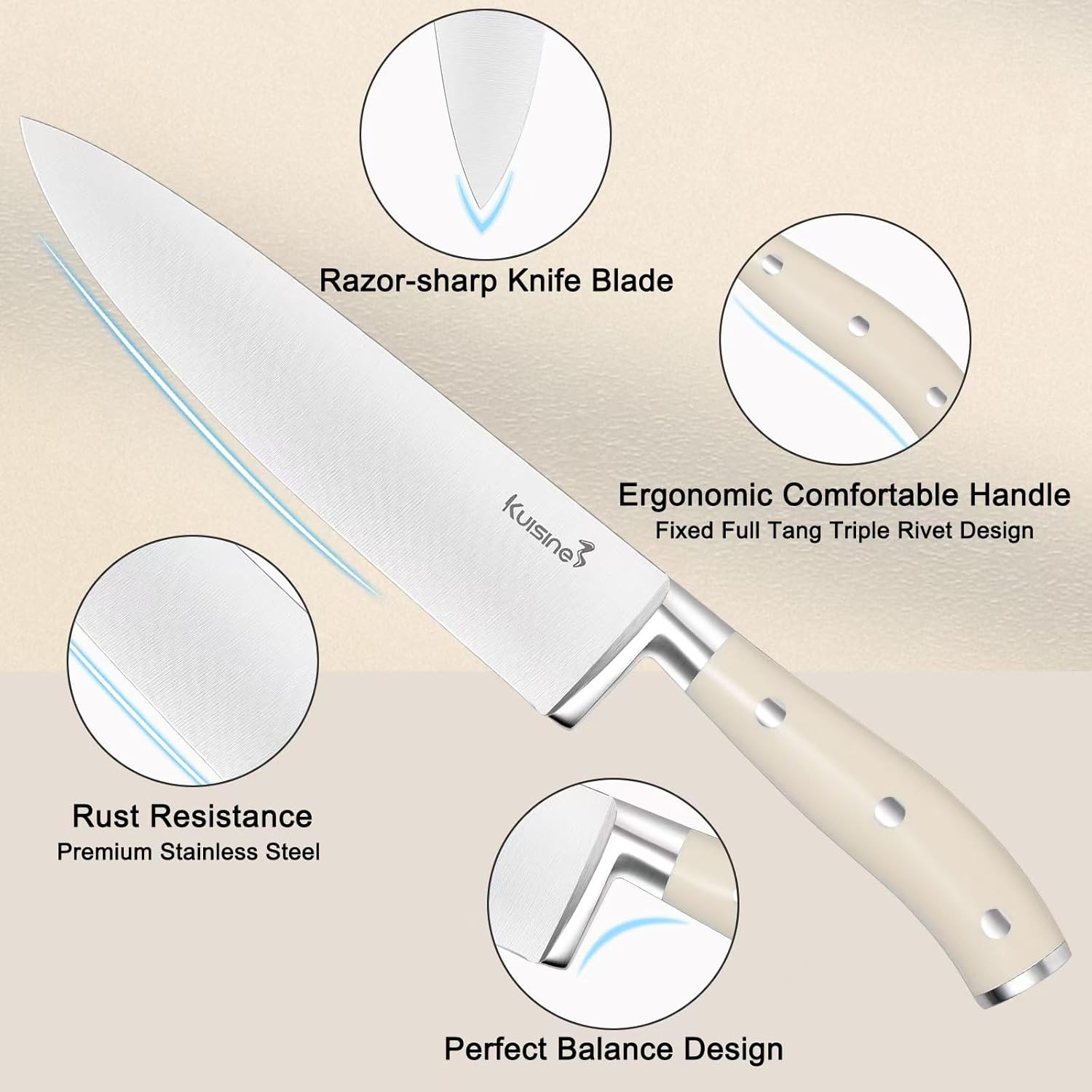 Kuisine Chef Knife Set,High Carbon Stainless Steel Sharp Knife Set Ergonomic Handle,Kitchen Knife Block Set with Built-in Sharpener(Ivory Pro,15PCS)