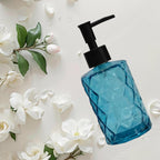 12Oz Small Glass Soap Dispenser with Black Plastic Pump, Blue Refillable Kitchen Countertop Liquid Hand Soap Dispensers with Diamond Design, Crystal Bathroom Lotion Bottle for Dispense Dish Soap