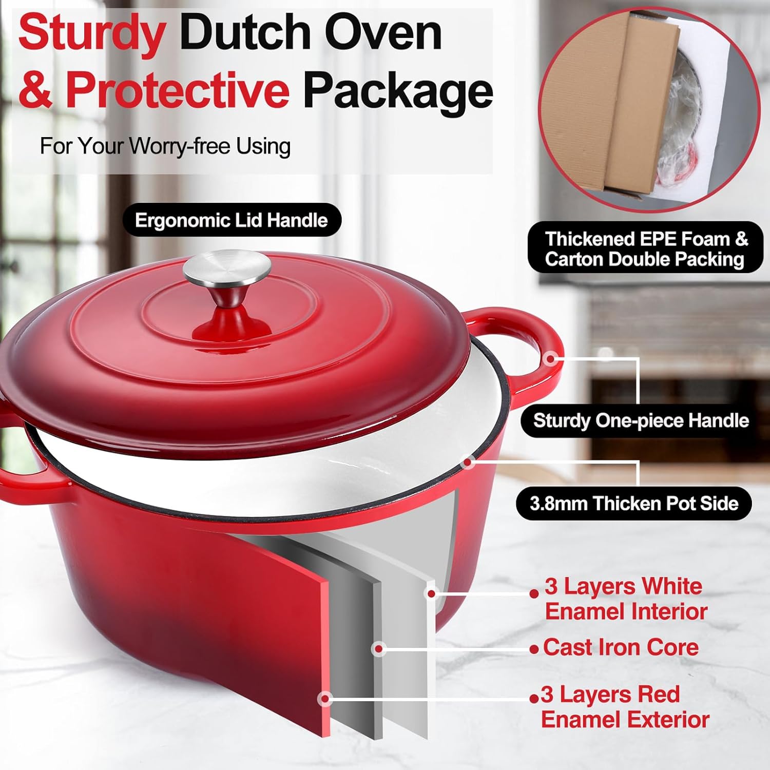 P&P CHEF 7QT Enameled Dutch Oven, Cast Iron Dutch Oven Pot with Lid for Bread Baking, Enameled Casserole Pot for Roasting Braising Stewing Frying Simmering, Various Stoves & Easy Clean, Red