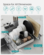 SONGMICS Large Dish Drying Rack, Expandable Dish Dryer for Kitchen Counter, Stainless Steel Dish Rack with Rotatable Spout, Utensil, Cup, Glass, Cutting Board, Pan Holders, Silver and Gray UKCS037G01