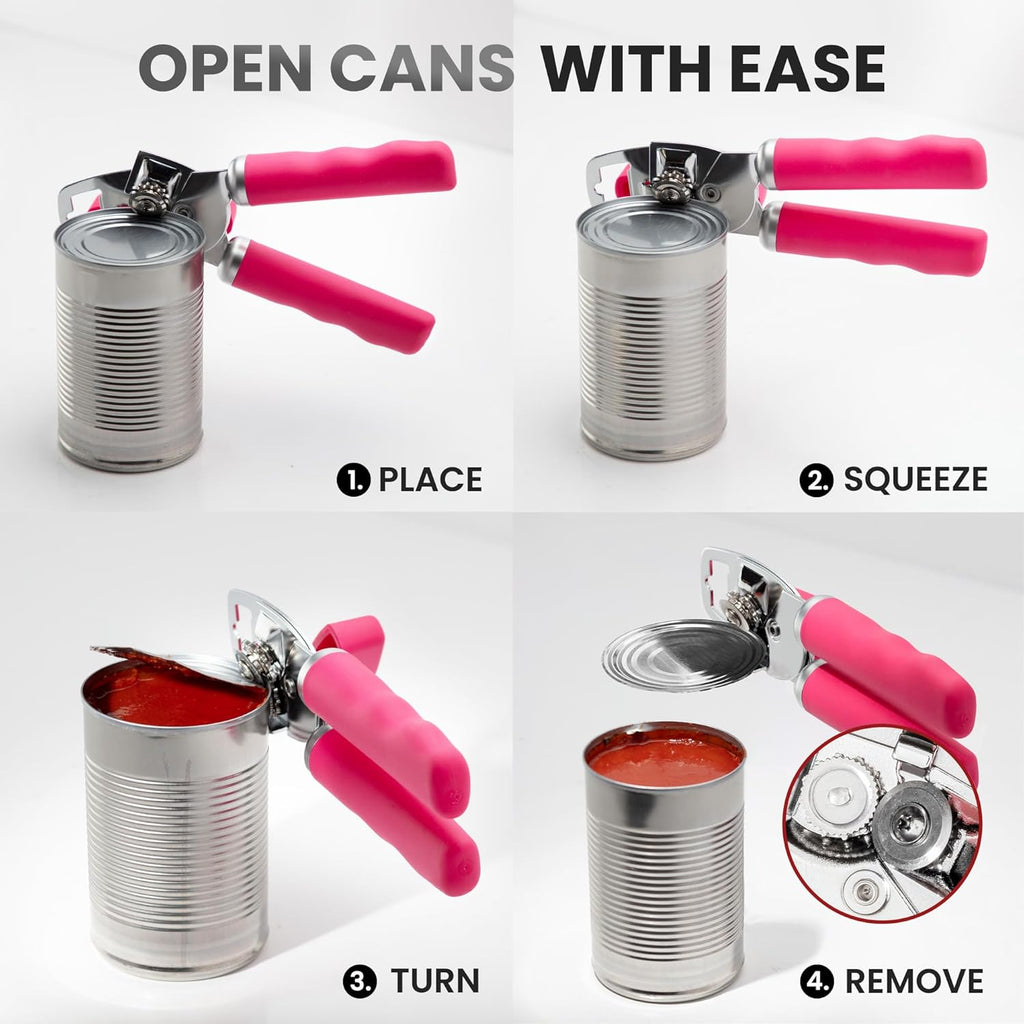 Zulay Kitchen Heavy Duty Stainless Steel Can Opener Manual with Bottle Opener - Rust Proof Manual Can Opener With Turn Knob & Comfy Soft Grip Handles - Dragonfruit