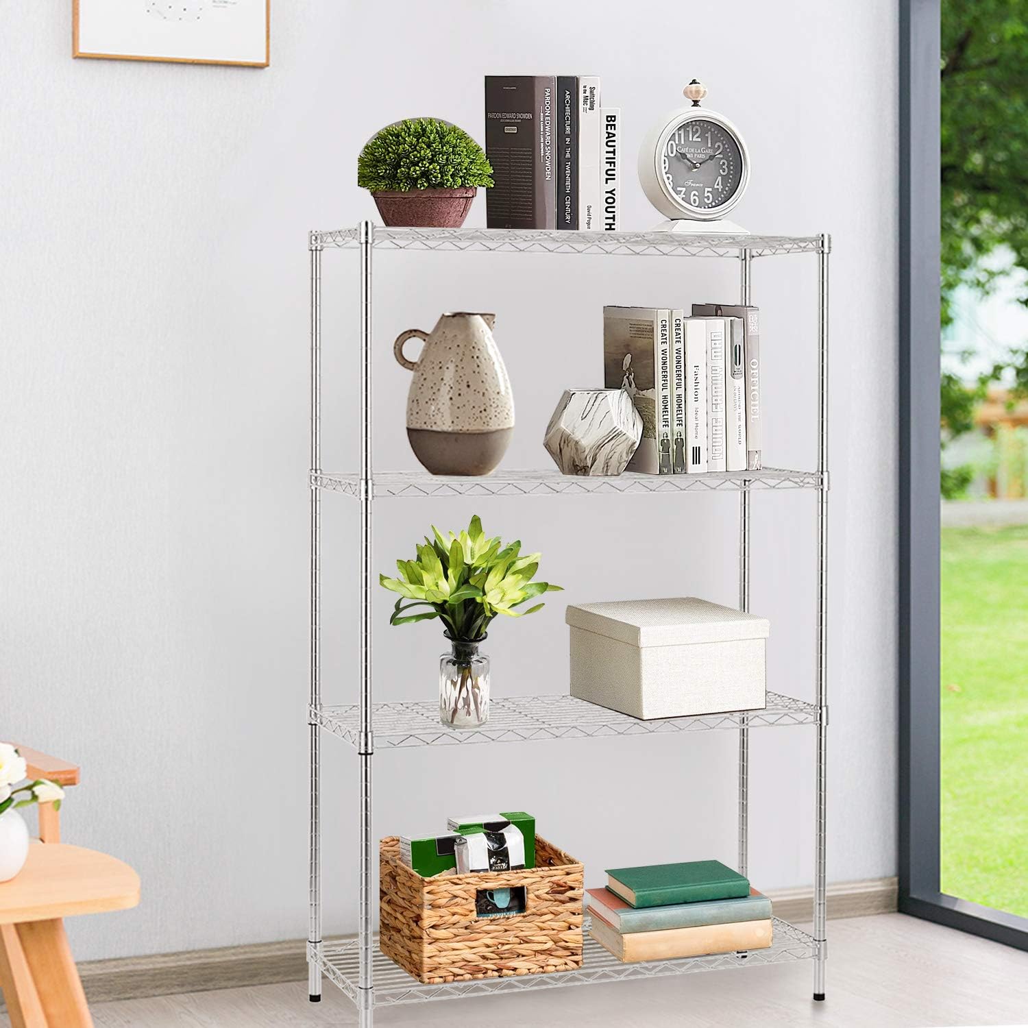 14" D×36" W×54" H Commercial Wire Shelving Unit Metal Shelf with 4 Tier Adjustable Layer Rack Strong Steel for Restaurant Garage Pantry Kitchen Garage，Chrome