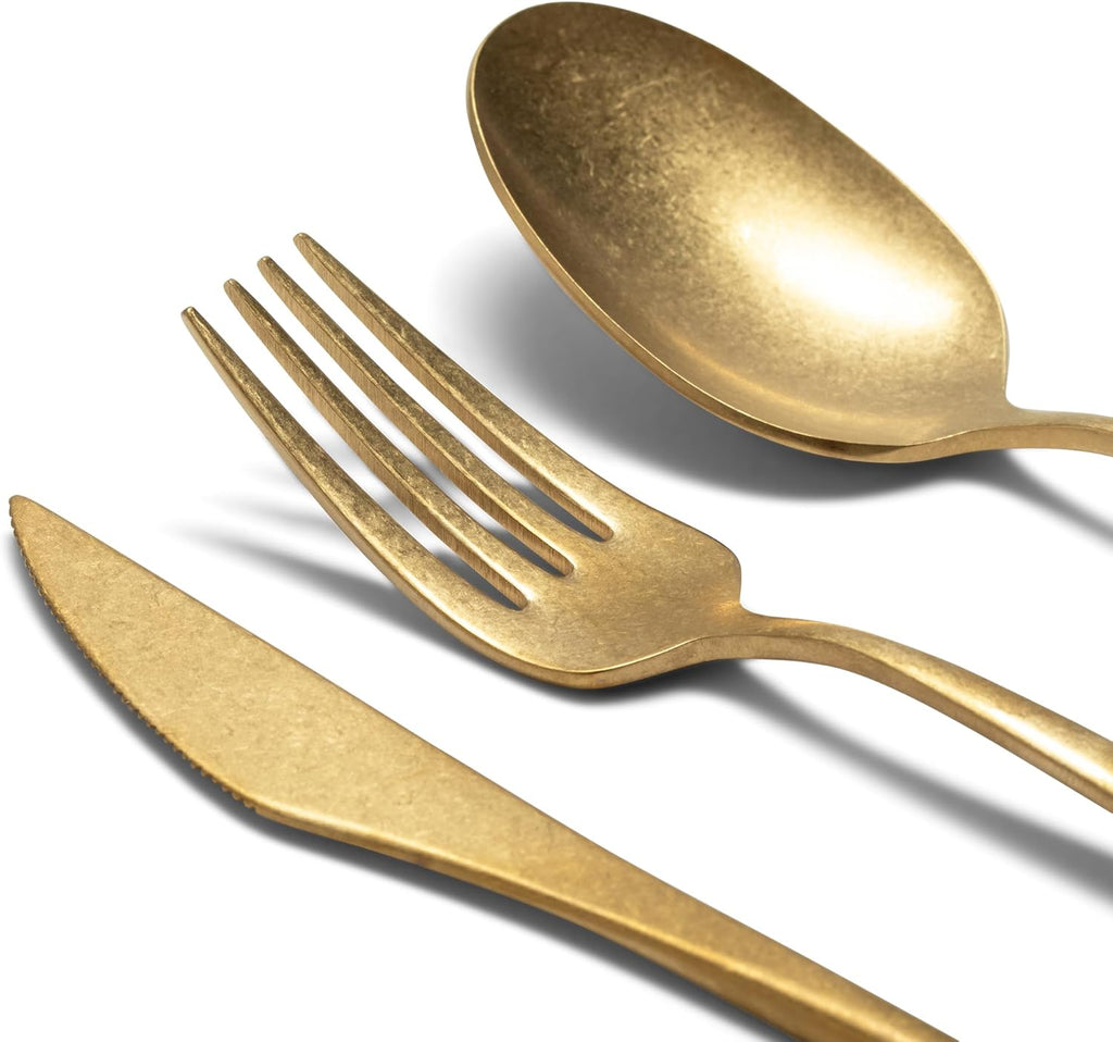 Luxury Vintage Flatware 20-Piece Set – Service for 4, Premium Stainless Steel with Weighted Handles, Aged Heirloom Finish, Dishwasher Safe, Elegant and Modern Cutlery (Vintage Gold)