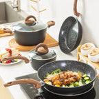 Pots and Pans Set Non Stick, Ceramic Cookware Set with Granite Pattern Kitchen Cooking Sets Induction Pot and Pan w/Frying Pans, Saucepans, Casserole, Non-Toxic, PTFE/PFOA/PFOS-Free, Black
